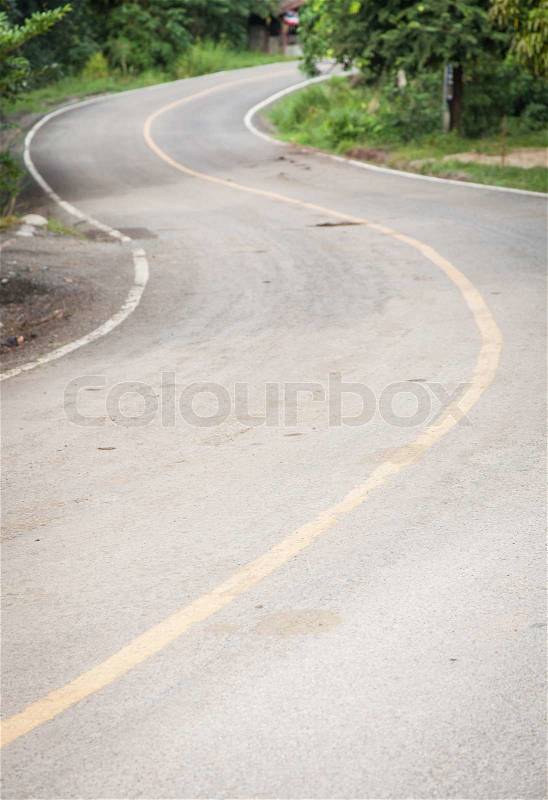 Curved road is curved, not much. The side of the road with a tree, stock photo