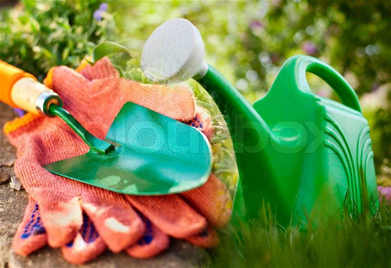 Gardening gloves with a green metal trowel and small plastic watering can standing on the ground in the garden ready to care for cultivated plants, stock photo