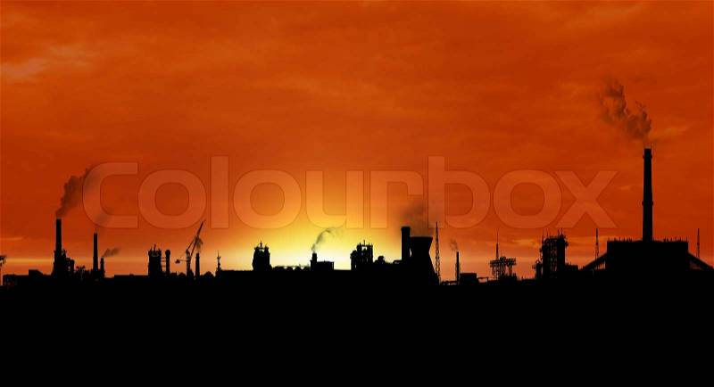 Panoramic view of big industry fabric outline during sunset, stock photo