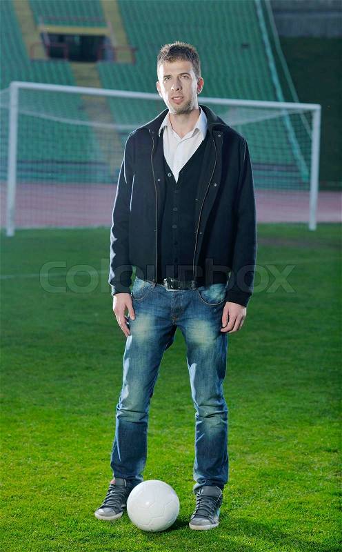 Business man sport manager and executive at soccer ball athletic stadium and race track, stock photo