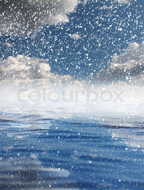 Snowing at sea with a beautiful sky. beautiful background, stock photo