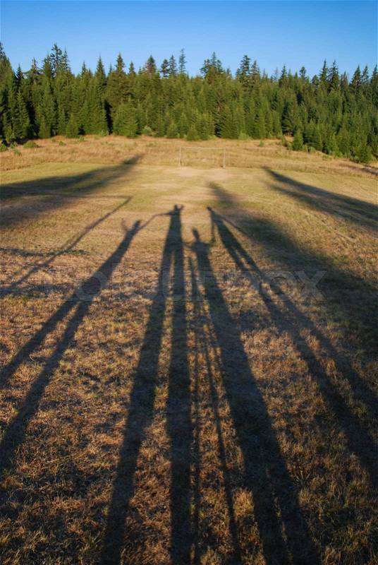 Family chain concpet with four shadows in field, stock photo