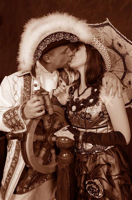 Retro happy young couple people in victorian fashion clothes, stock photo