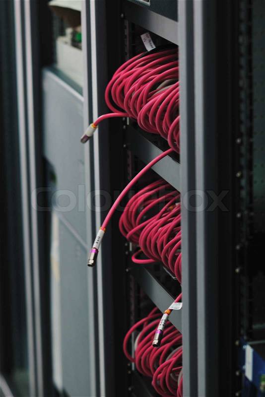 Internet network server room with computers racks and digital receiver for digital tv, stock photo