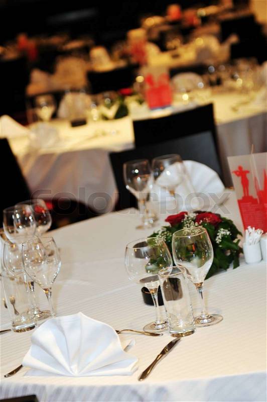 Coctail and banquet catering party event at beautiful hotel restaurant on night, stock photo