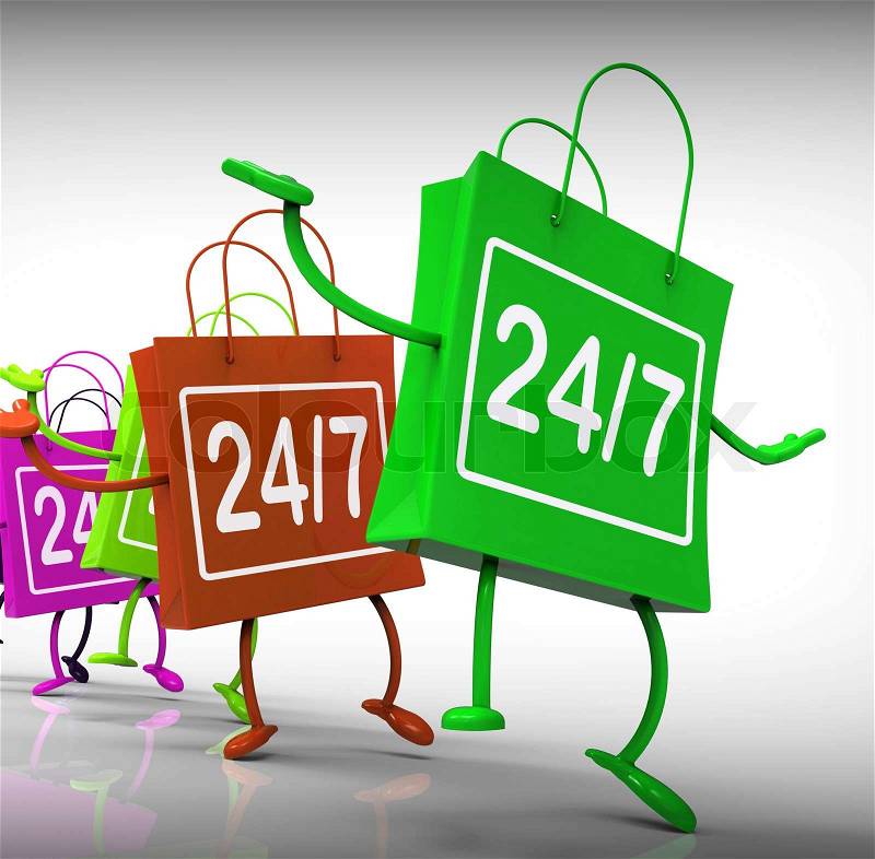 Twenty-four Seven Bags Showing Shopping Availability and Open Hours, stock photo