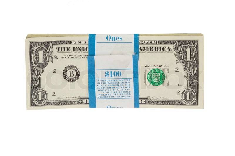 Bundle of one dollar notes with bandrole isolated on white background, stock photo