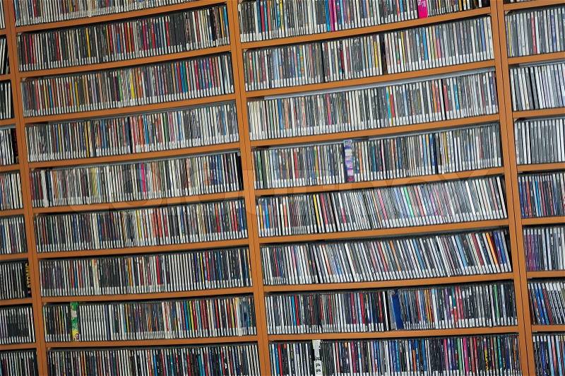 Music cd dvd and plates collection library archive, stock photo