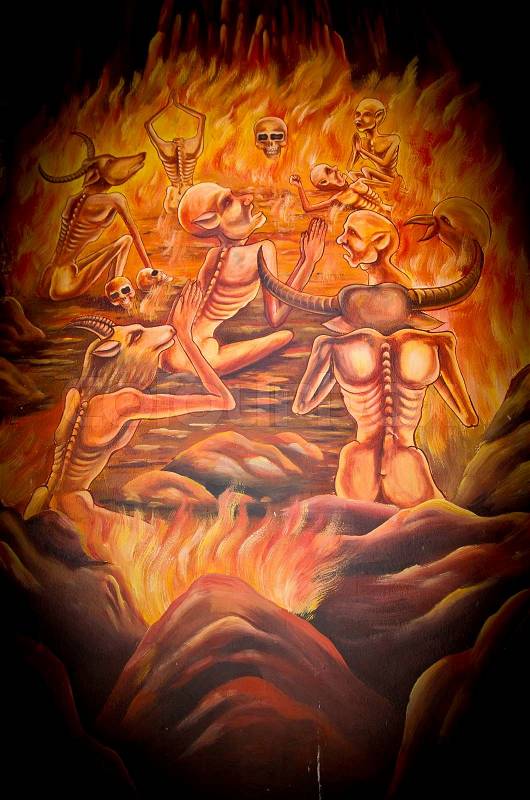Public paiting of hell wall in the temple, stock photo