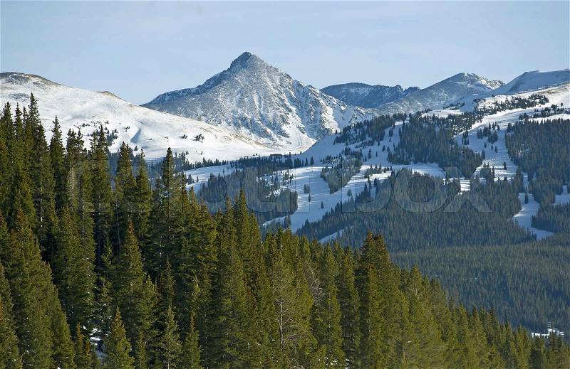 Colorado Summit County Winter Landscape. Ski Slopes and Alpine Landscape of the Rocky Mountains, stock photo