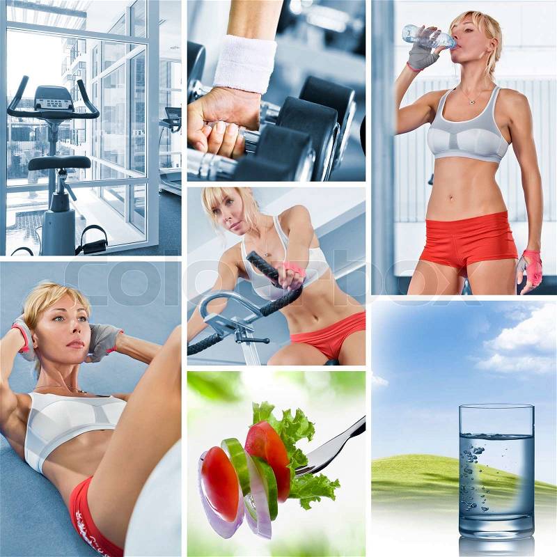 Healthy lifestyle theme collage composed of different images, stock photo