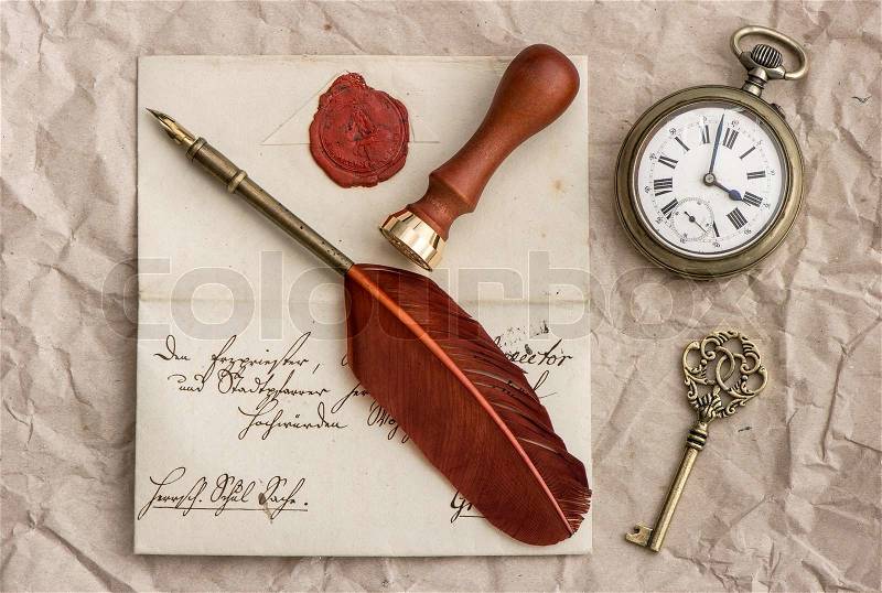 Old letter, antique key and clock, vintage ink pen. retro style picture, stock photo