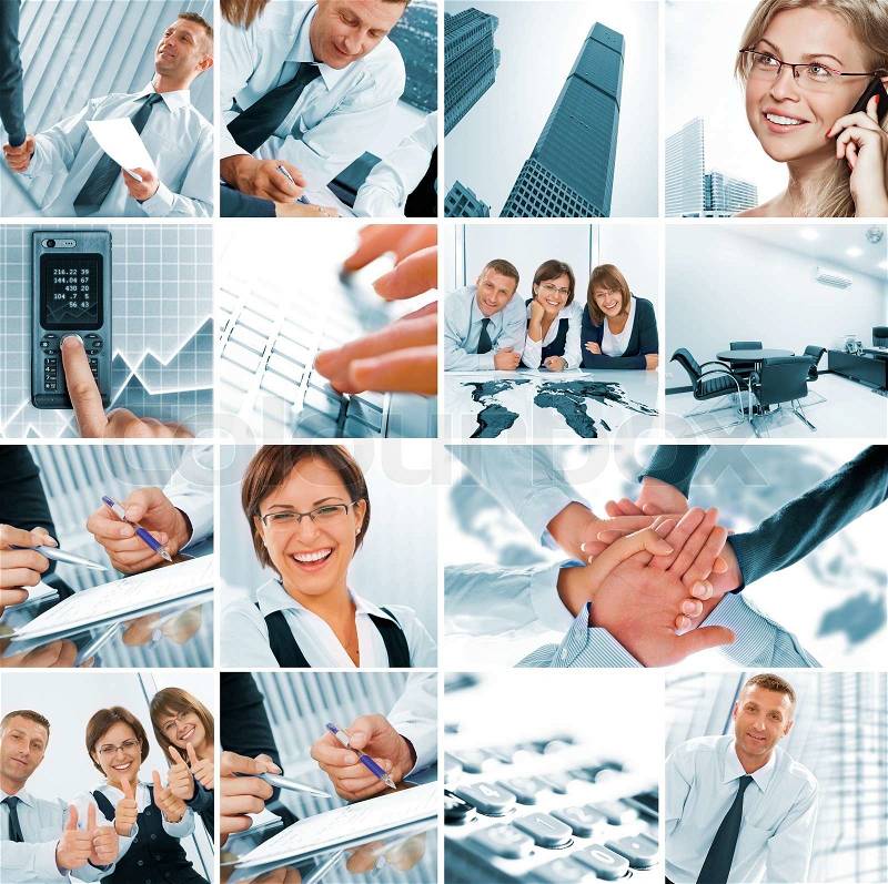 Business theme photo collage composed of few images, stock photo
