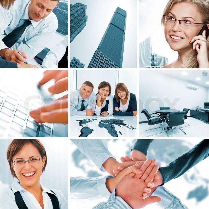 Business theme photo collage composed of few images, stock photo