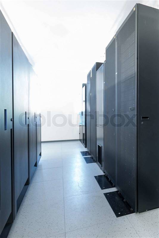 Network server room with racks, stock photo