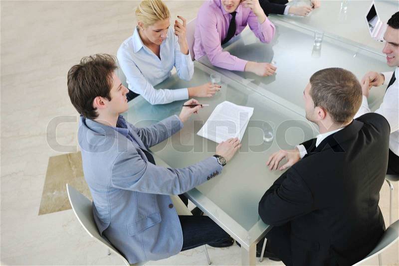 Happy young business people group have meeting at conference room and argue about new ideas and plans, stock photo