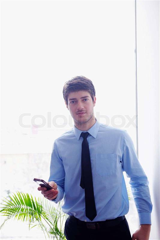 Business man talking by cellphone in office, stock photo