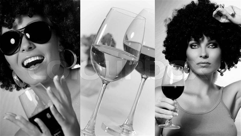 Black and white wine drinking theme photo collage, stock photo