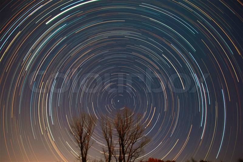 Polaris and star trails over the trees, stock photo
