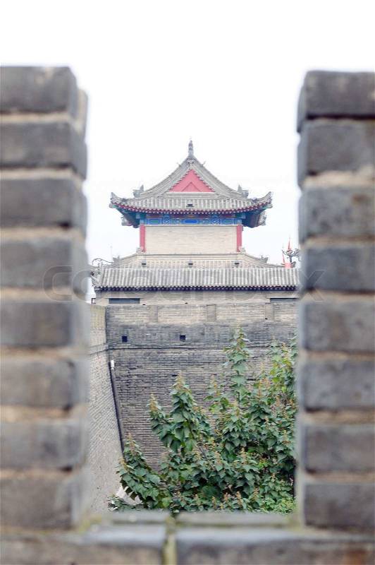 Landmark of the famous ancient city wall in Xian, China, stock photo