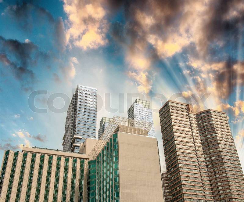 Manhattan, New York. Classic city skyscrapers view from street level, stock photo