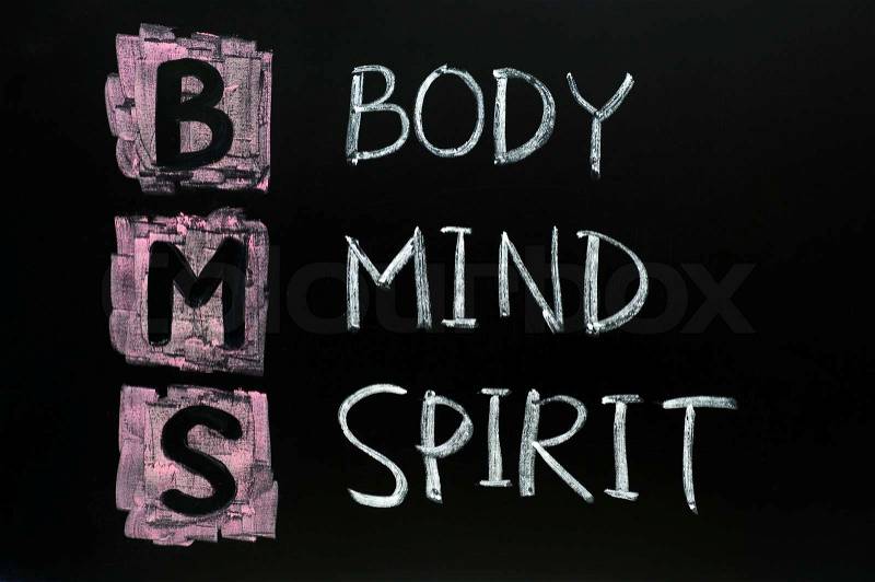 Body,mind and spirit concept written in chalk on blackboard, stock photo