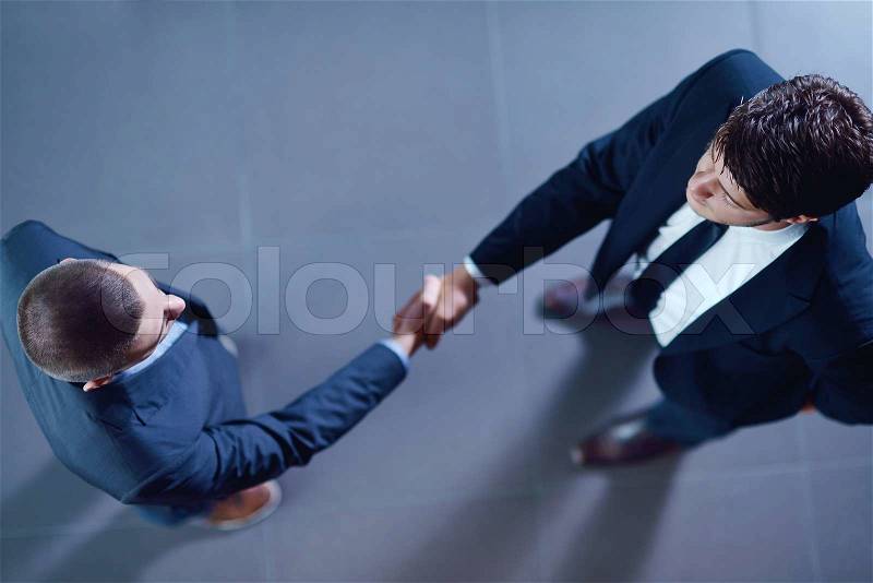 Business people shaking hands make deal and sign contract, stock photo