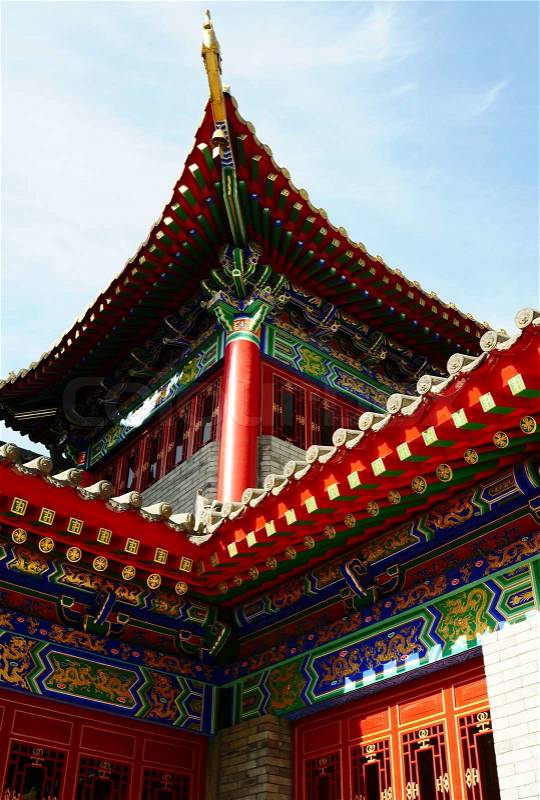Closeup bottom view of a typical traditional Chinese building, stock photo