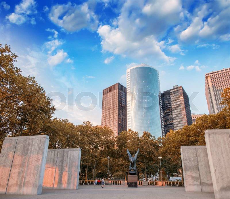 Buildings and nature of Memorial in Battery Park, New York, stock photo