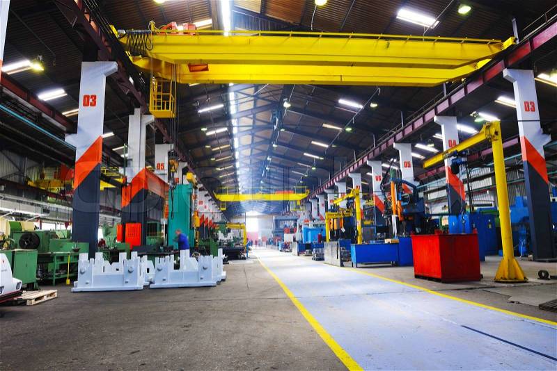 Industry factory iron works steel and machine parts modern indoor hall for assambly, stock photo