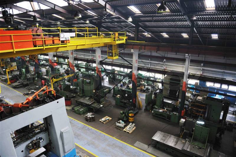 Industry factory iron works steel and machine parts modern indoor hall for assambly, stock photo