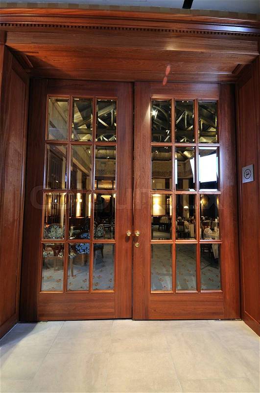 Big wood door indoor restaurant, stock photo