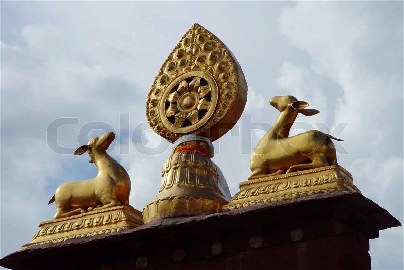 Golden summit of a famous lamasery in Lhasa Tibet, stock photo