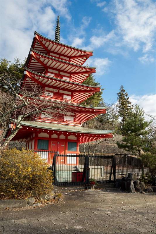Beautiful Shureito pagoda in yamanashi city fuji mountain Japan, stock photo