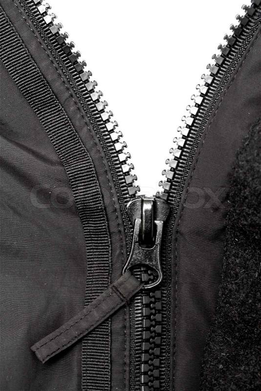 Open zipper isolated on white background, stock photo