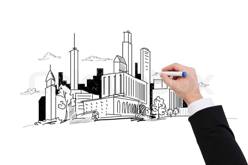 Business and architecture concept - close up of businessman drawing city sketch, stock photo