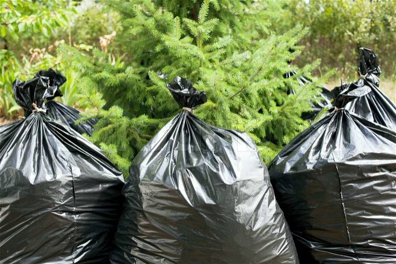 A pile of black garbage bags, stock photo