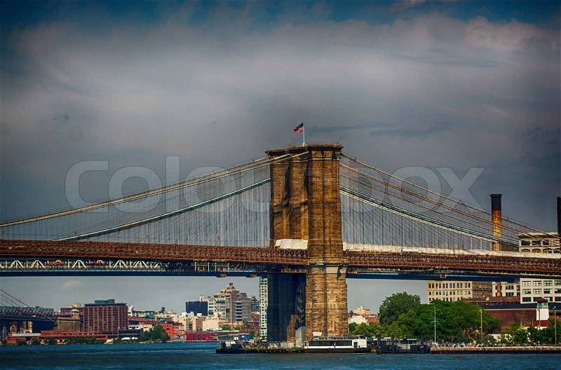 New York City. The Brooklyn Bridge as seen from Manhattan side, stock photo