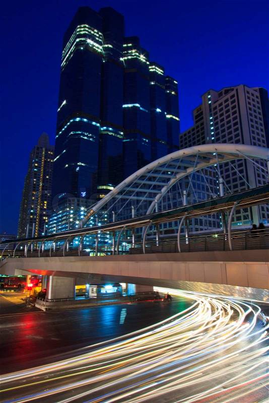 Buildings bridge at train station in big town.business area , buildings in the city of bangkok, stock photo