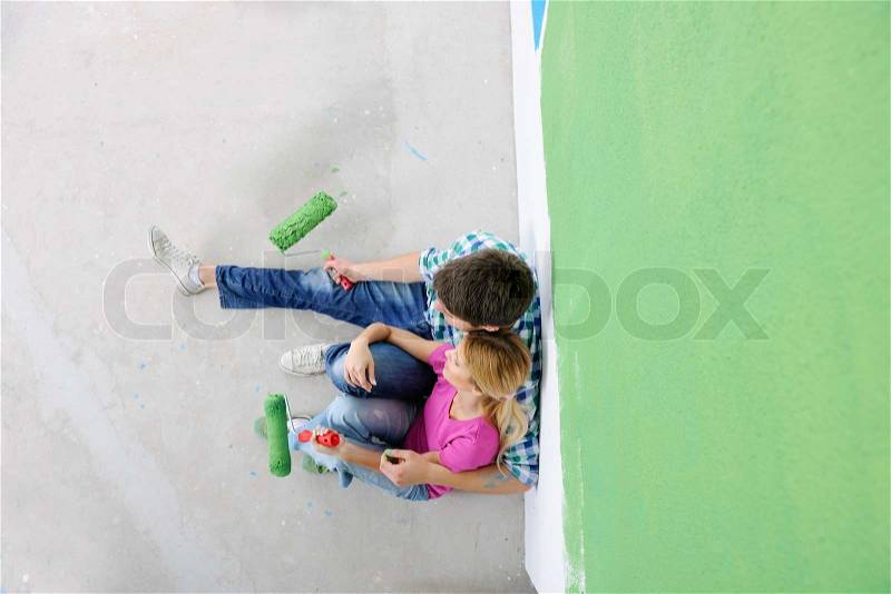 Happy smiling woman painting interior white wall in blue and green color of new house, stock photo