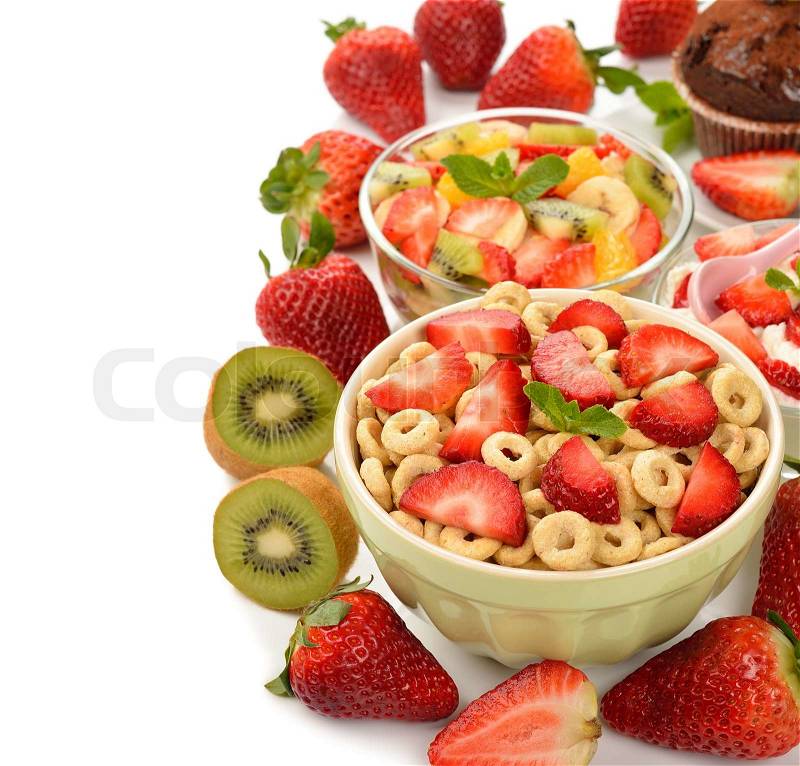 Breakfast cereals with strawberries on a white background, stock photo