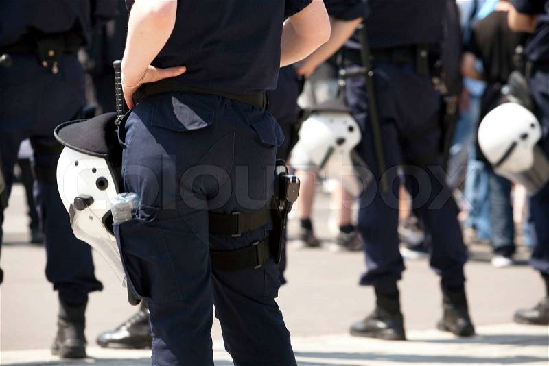 Police on duty during a street protest, stock photo