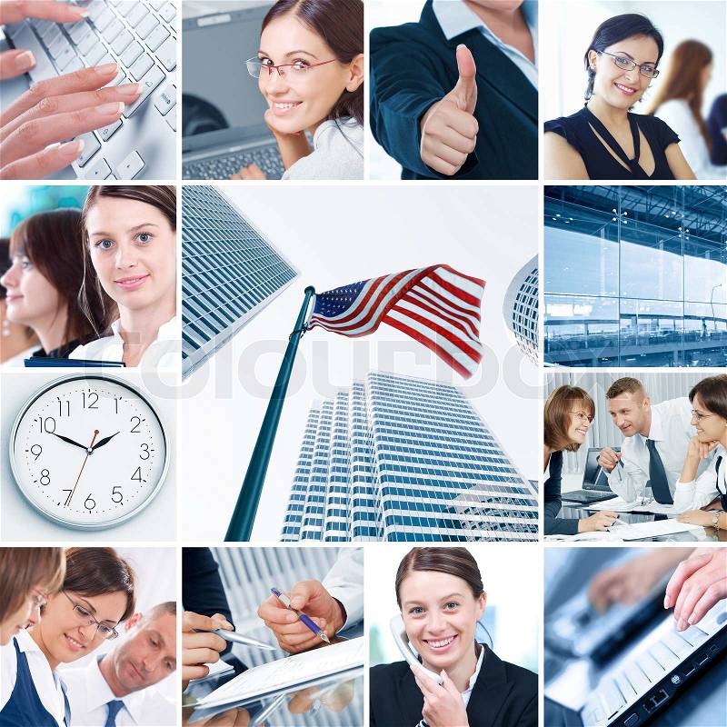 Business theme photo collage composed of different images, stock photo
