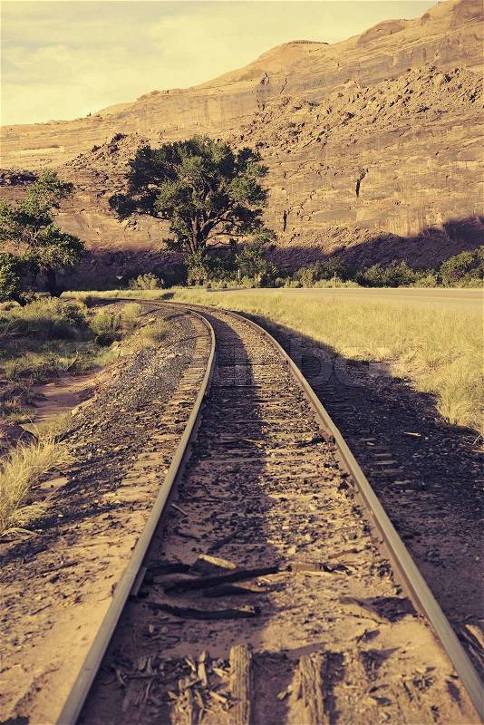 Railroad Journey. Railroad Tracks in Utah Canyons. United States, stock photo