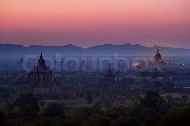 Sunrise over temples of Bagan in Myanmar, stock photo