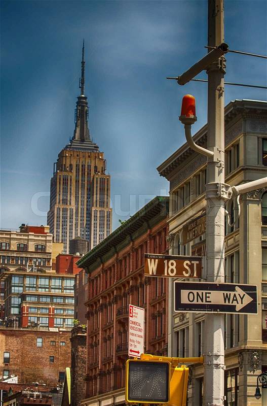 NEW YORK CITY - MAY 26 : Empire state building view from street level, May 26, 2013 in New York City. It stood as the world\'s tallest building for more than 40 years (from 1931 to 1972), stock photo