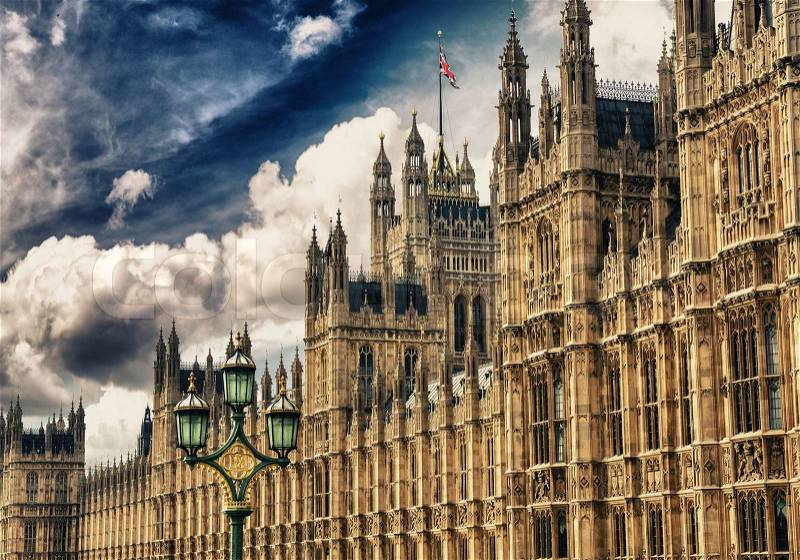 Houses of Parliament, Westminster Palace, London gothic architecture. Rectilinear frontal view, stock photo