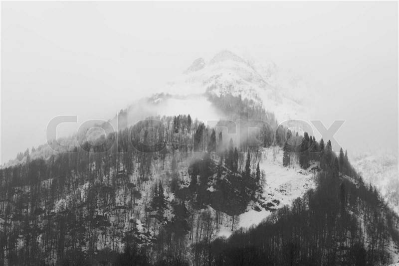 Peak of mountain at winter in black and white, stock photo