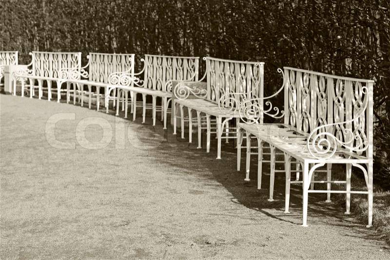 White park benches in the row. Retro stylized photo, stock photo