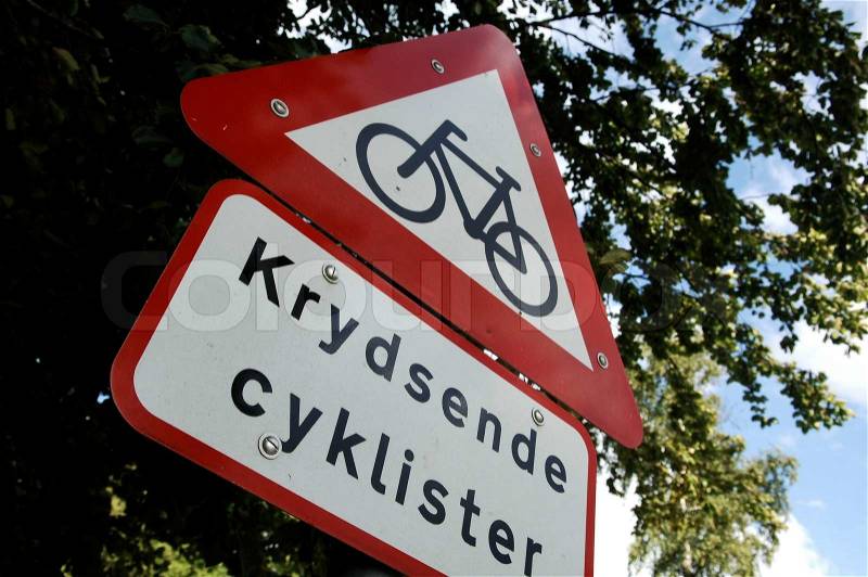 Danish signage of bicycle paths, stock photo